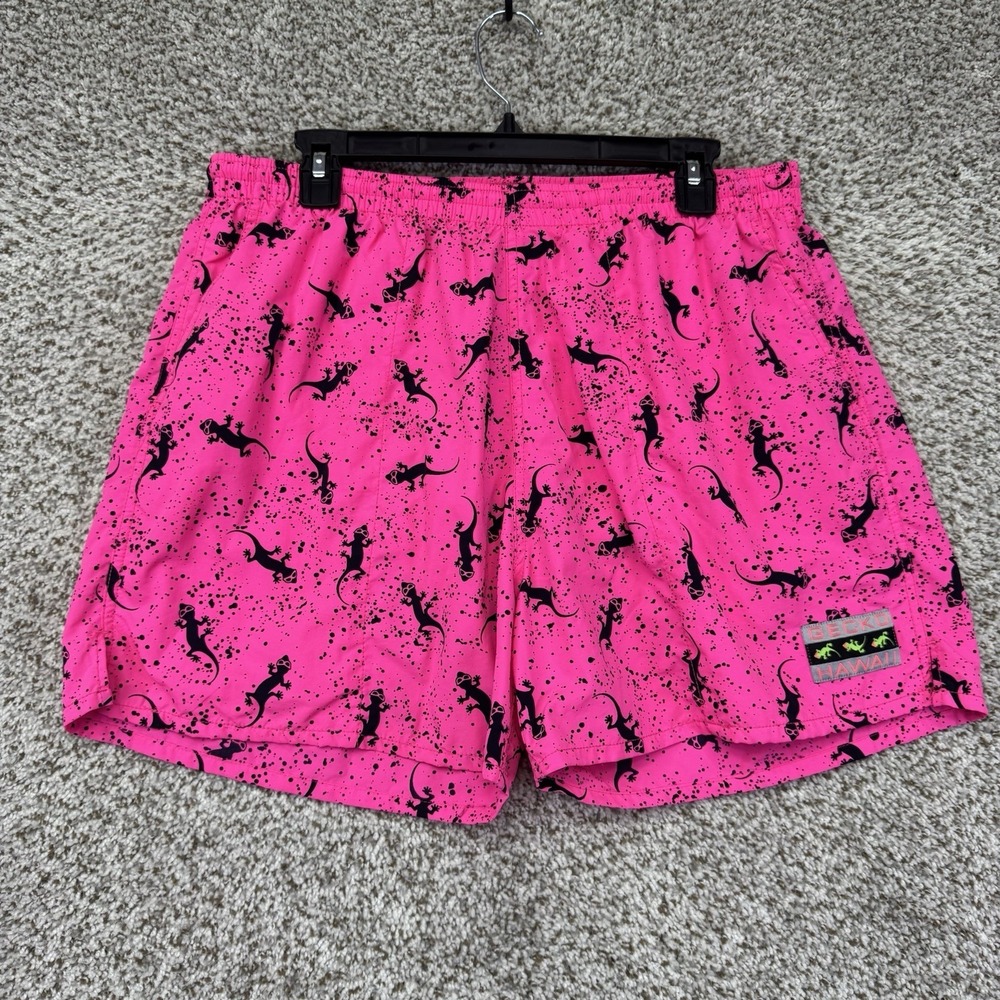 Gecko Hawaii Swim Trunks Men's XL Mesh Lined Shorts Pink Vintage 90's AOP Geckos